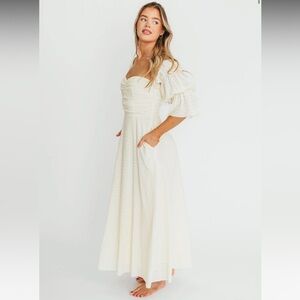 Cream Eyelet Maxi Dress with Puff Sleeves and Ruched Bodice